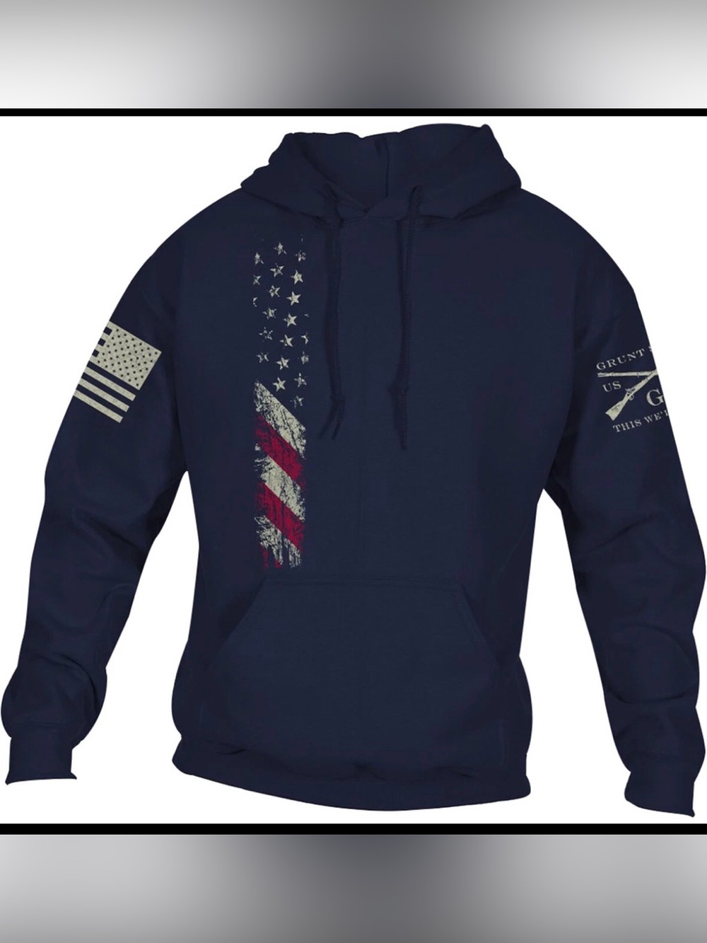 Grunt Style Men's Navy Hoodie with Distressed Flag - Red & White Accents